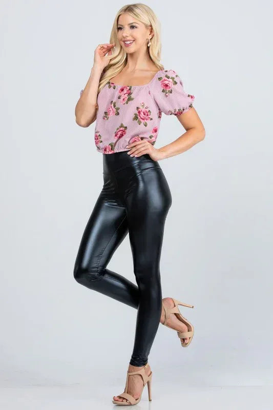 Jet black high waist shiny PU leather leggings - The Doll House Boutique