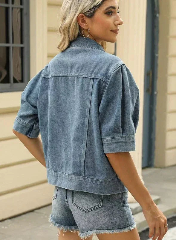 Short sleeve denim button front jacket - The Doll House Boutique