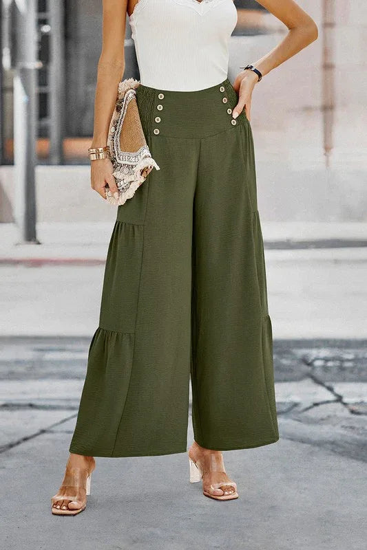 Elastic High Waist Wide Leg Long Palazzo Pants - The Doll House Boutique