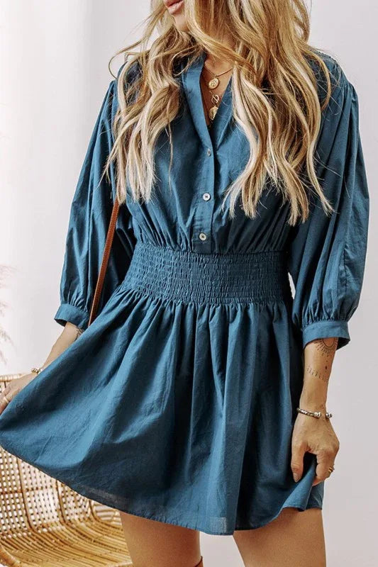 Vera 3/4 Sleeve Shirred High Waist Buttoned Dress - The Doll House Boutique