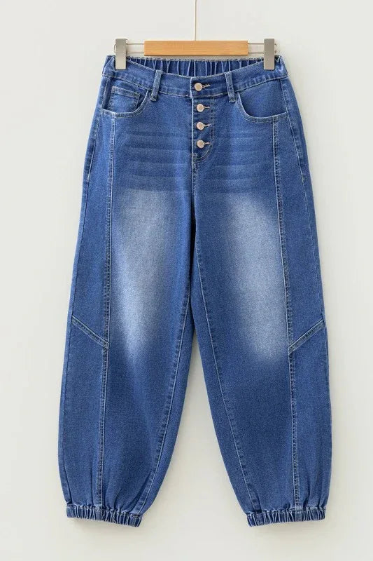 Denim Buttoned Fly Tapered Barrel Leg Jeans - The Doll House Boutique