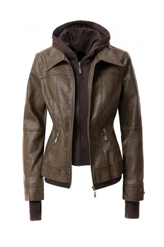 Women's Hood PU Leather Jacket - The Doll House Boutique