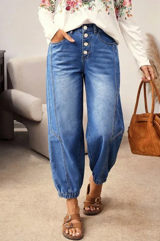 Denim Buttoned Fly Tapered Barrel Leg Jeans - The Doll House Boutique