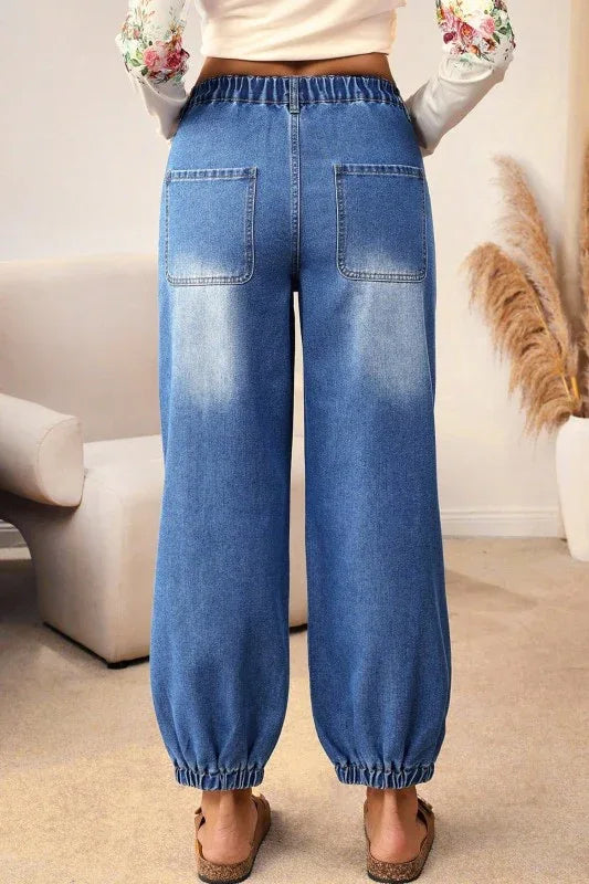 Denim Buttoned Fly Tapered Barrel Leg Jeans - The Doll House Boutique