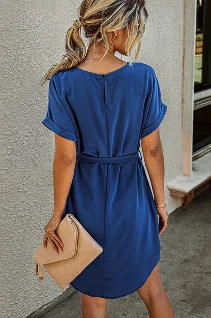 Solid Round Neck Tie Waist Belt Fit Dress - The Doll House Boutique