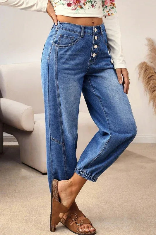 Denim Buttoned Fly Tapered Barrel Leg Jeans - The Doll House Boutique