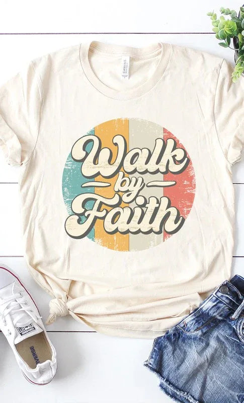 Walk By Faith Vintage Retro Graphic Tee - The Doll House Boutique