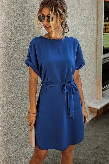 Solid Round Neck Tie Waist Belt Fit Dress - The Doll House Boutique
