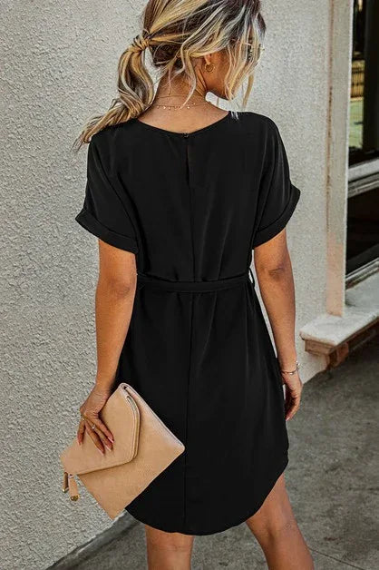 Solid Round Neck Tie Waist Belt Fit Dress - The Doll House Boutique
