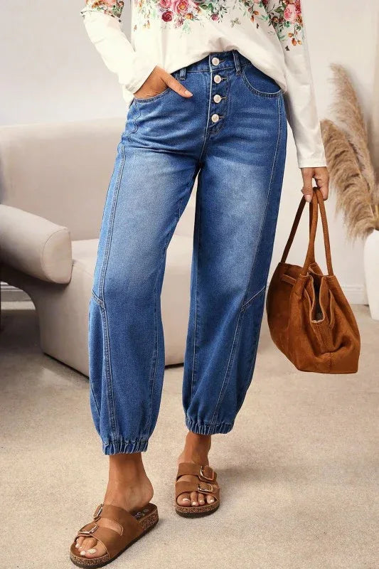 Denim Buttoned Fly Tapered Barrel Leg Jeans - The Doll House Boutique